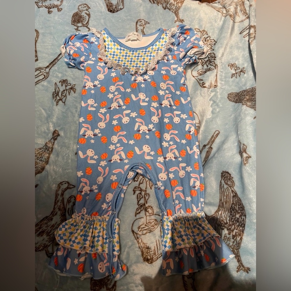 EUC Marie Nicole Easter Bunny Patterned Ruffle Jumpsuit